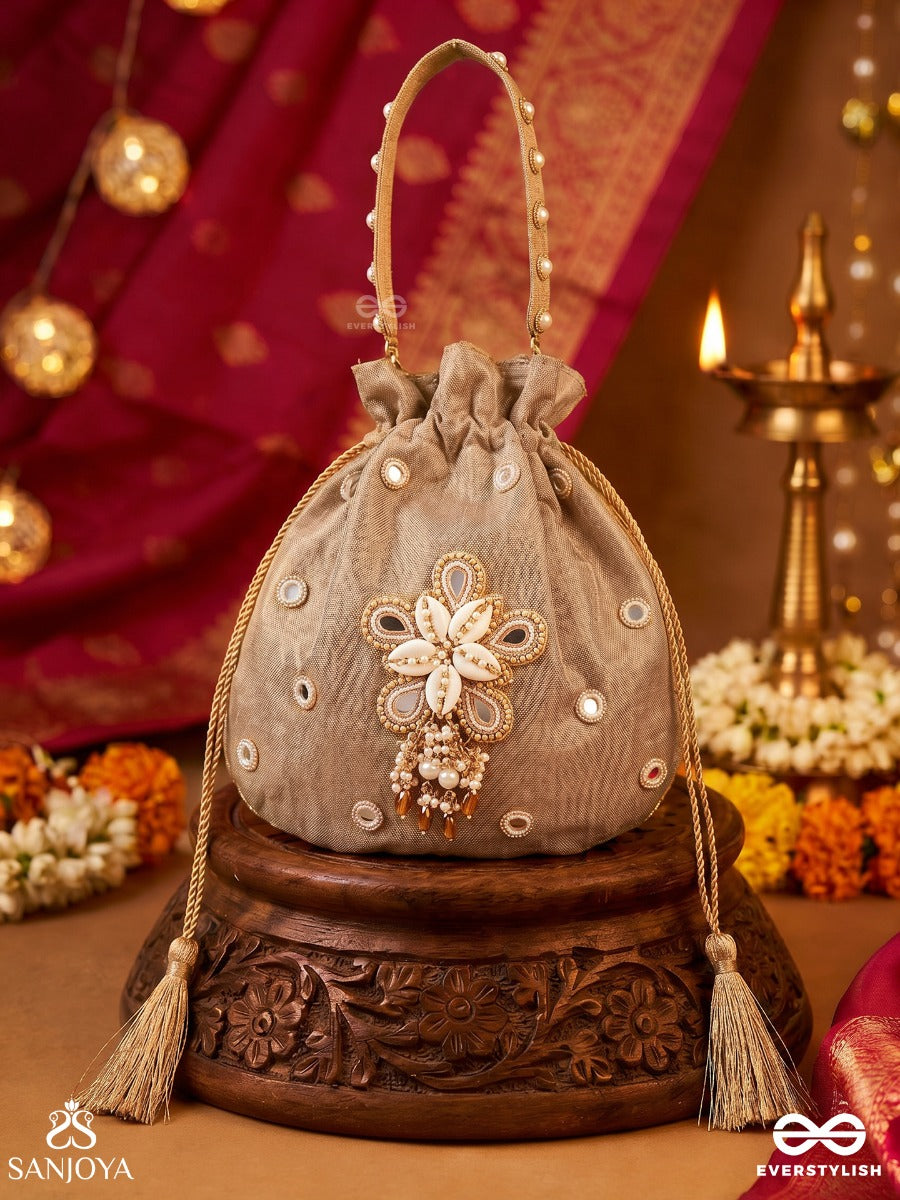 Gulraana – Potli Honey Gold Bag With Floral Pearl Ornamentation, Mirror Accents And Tassel Drawstrings