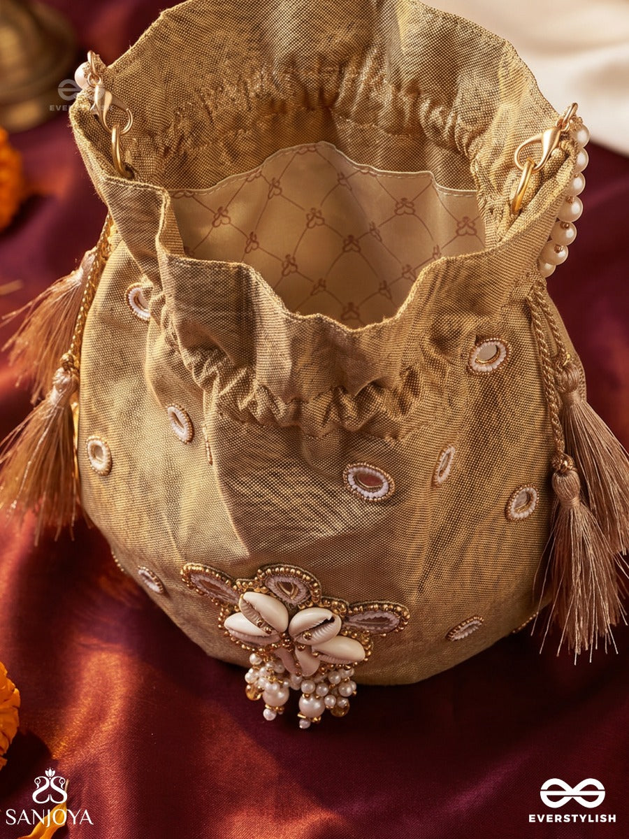 Gulraana – Potli Honey Gold Bag With Floral Pearl Ornamentation, Mirror Accents And Tassel Drawstrings