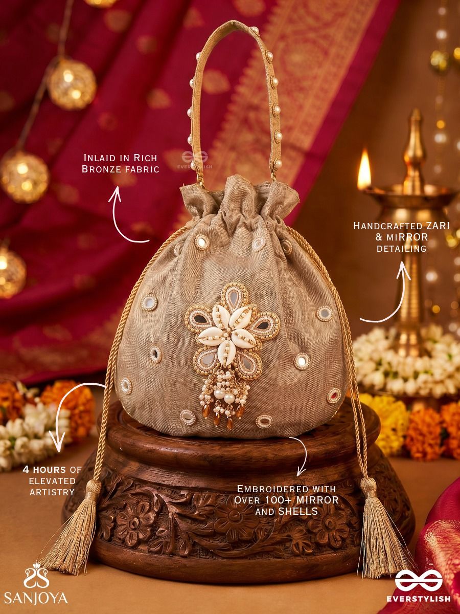 Gulraana – Potli Honey Gold Bag With Floral Pearl Ornamentation, Mirror Accents And Tassel Drawstrings