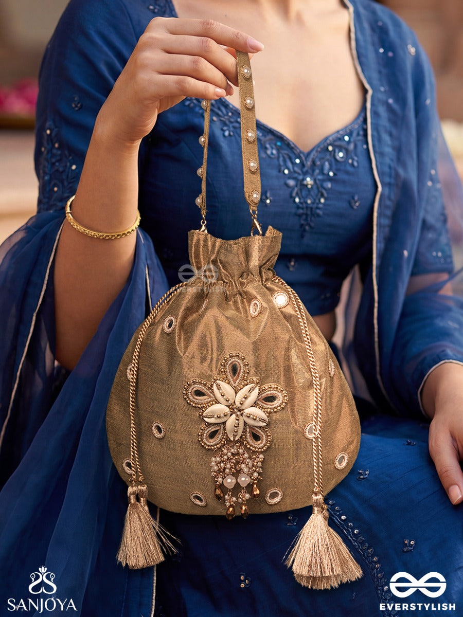 Gulraana – Potli Honey Gold Bag With Floral Pearl Ornamentation, Mirror Accents And Tassel Drawstrings