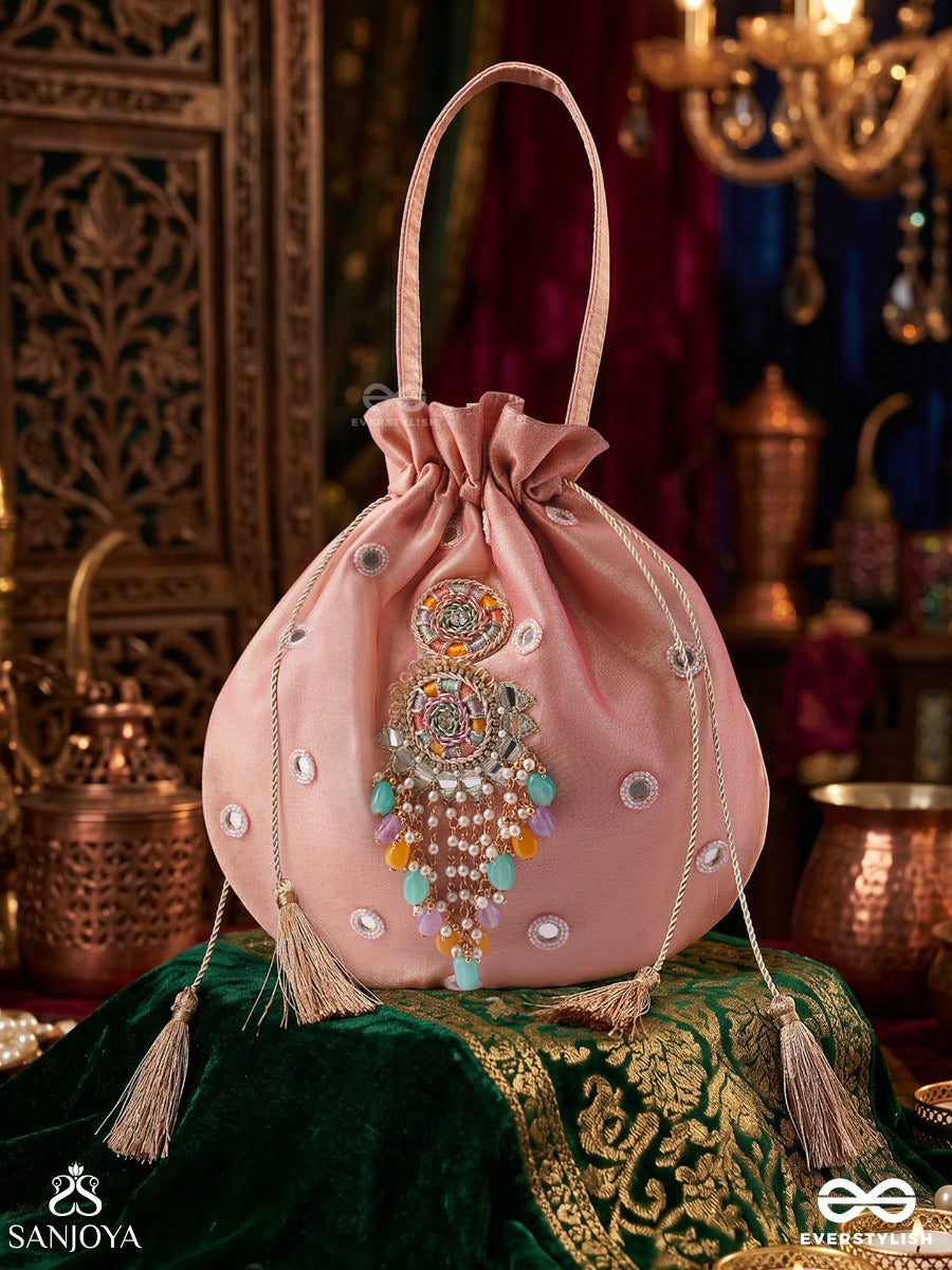 Gulrahat – Potli Rose Blush Bag With Decorative Mirrorwork, Multicolor Drop Charms And Braided Cords