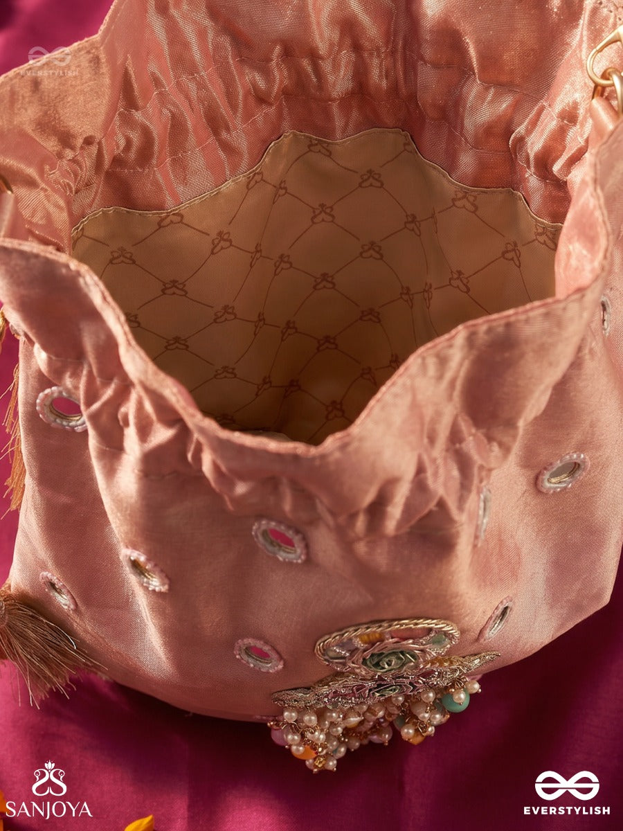 Gulrahat – Potli Rose Blush Bag With Decorative Mirrorwork, Multicolor Drop Charms And Braided Cords