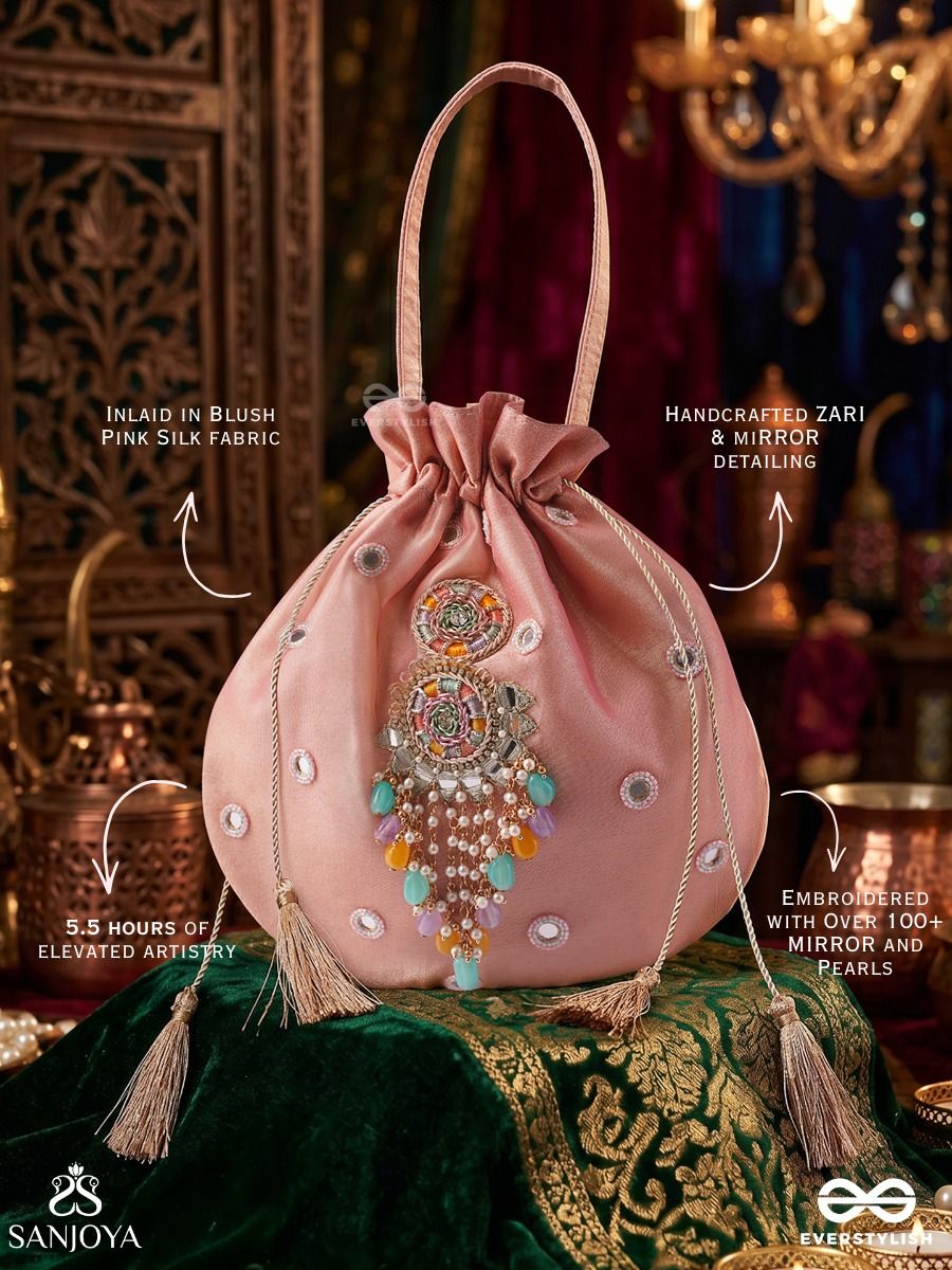 Gulrahat – Potli Rose Blush Bag With Decorative Mirrorwork, Multicolor Drop Charms And Braided Cords