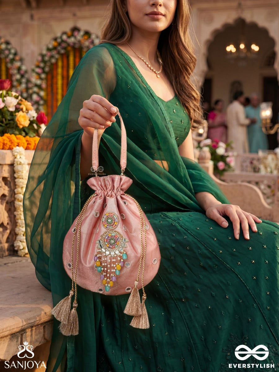 Gulrahat – Potli Rose Blush Bag With Decorative Mirrorwork, Multicolor Drop Charms And Braided Cords