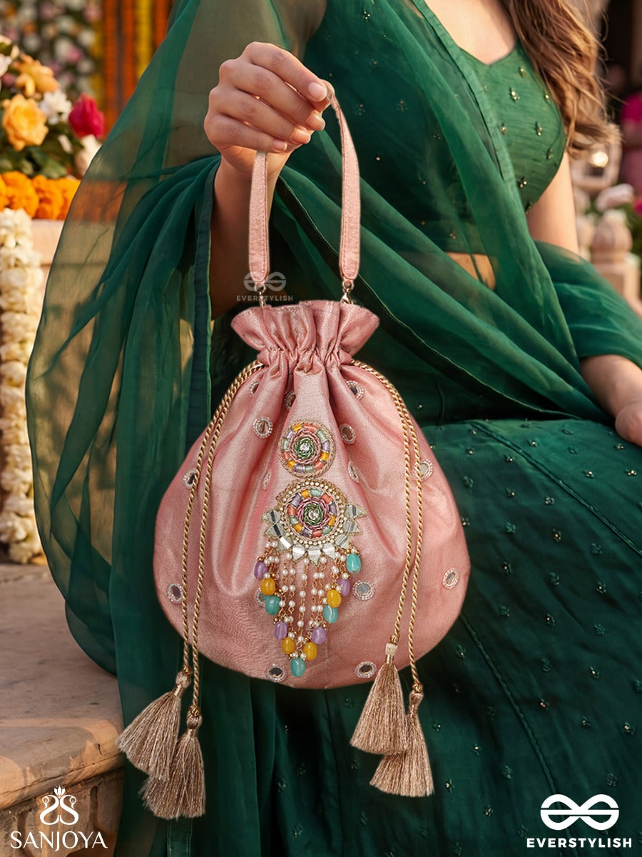 Gulrahat – Potli Rose Blush Bag With Decorative Mirrorwork, Multicolor Drop Charms And Braided Cords