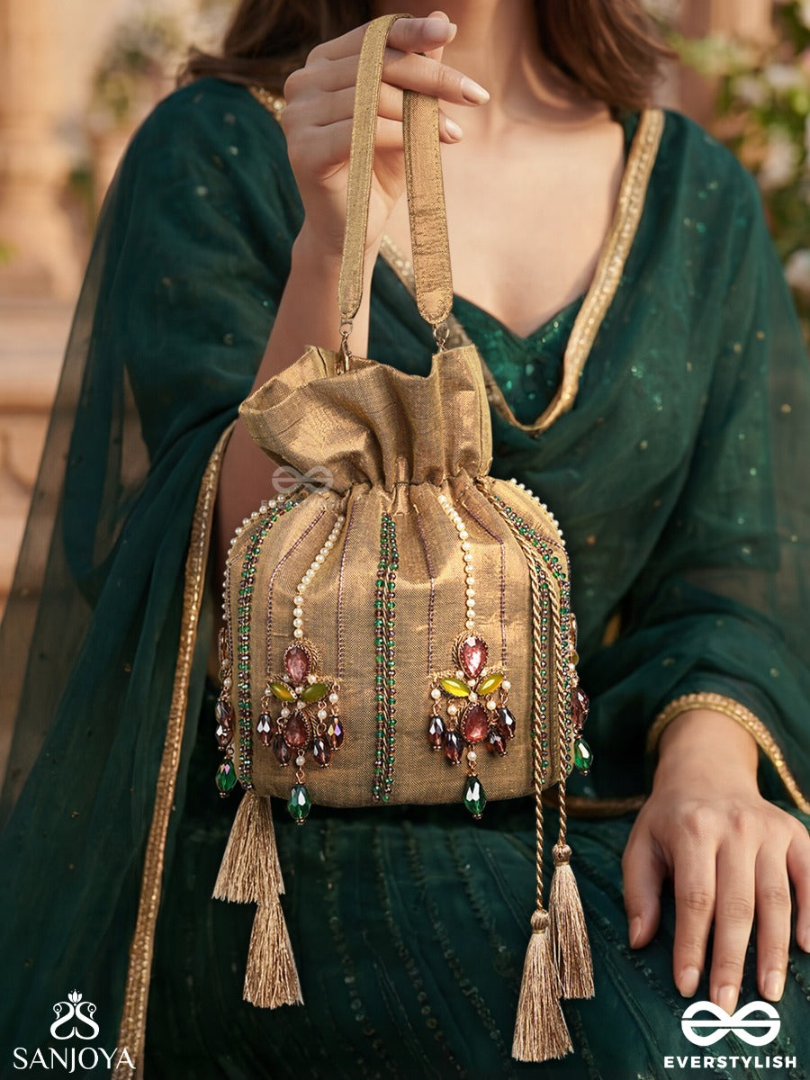 Shahgulnaar – Potli Warm Sand Bag With Jeweled Motif Work, Crystal Embellishments And Dangling Tassel Ends