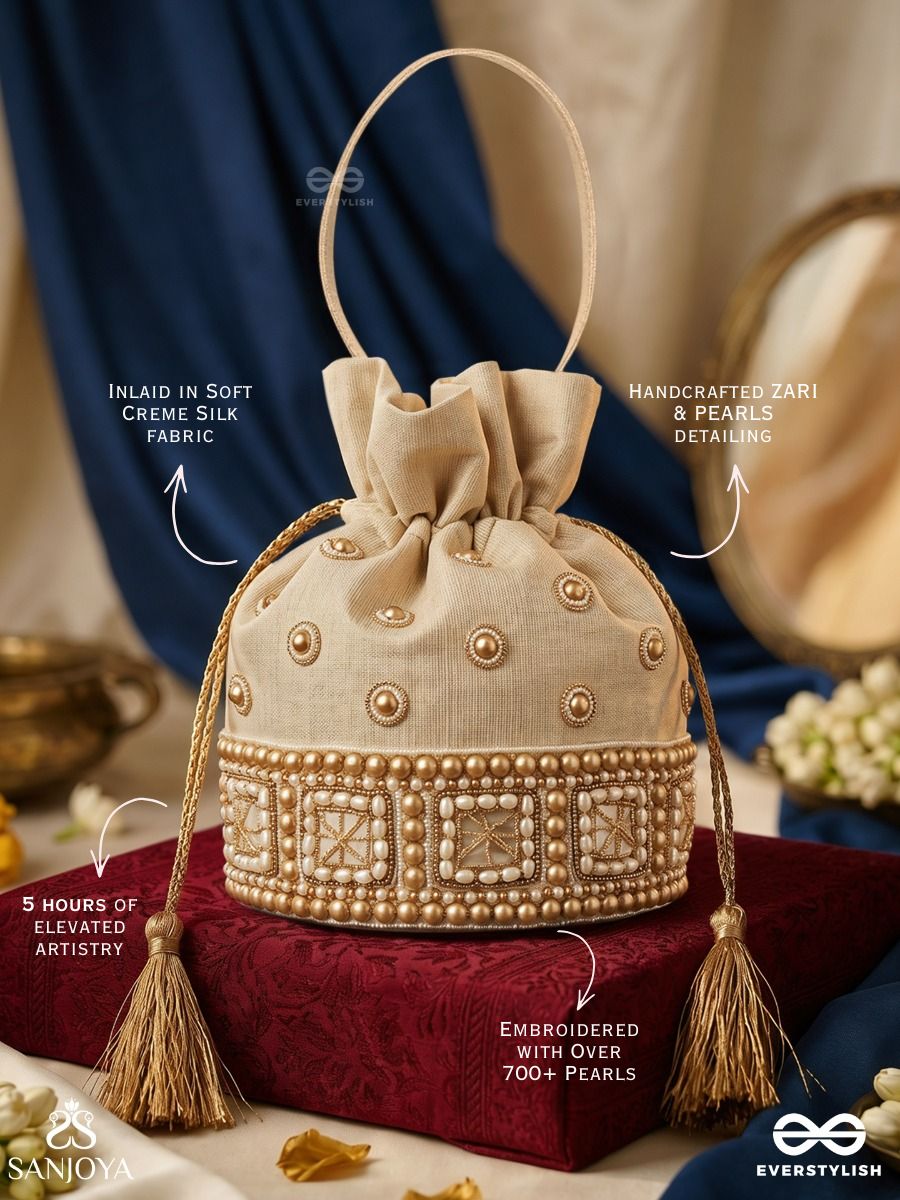 Rukhmehar – Potli Cream Champagne Bag With Pearl Panel Embellishment, Ornamental Accents And Side Tie Tassels