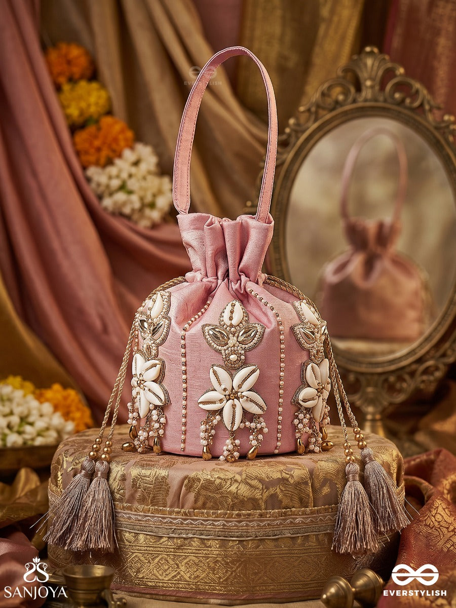 Zarmehrin – Potli Blush Pink Bag With Shell Floral Appliqué, Crystal Linework And Tassel Cords