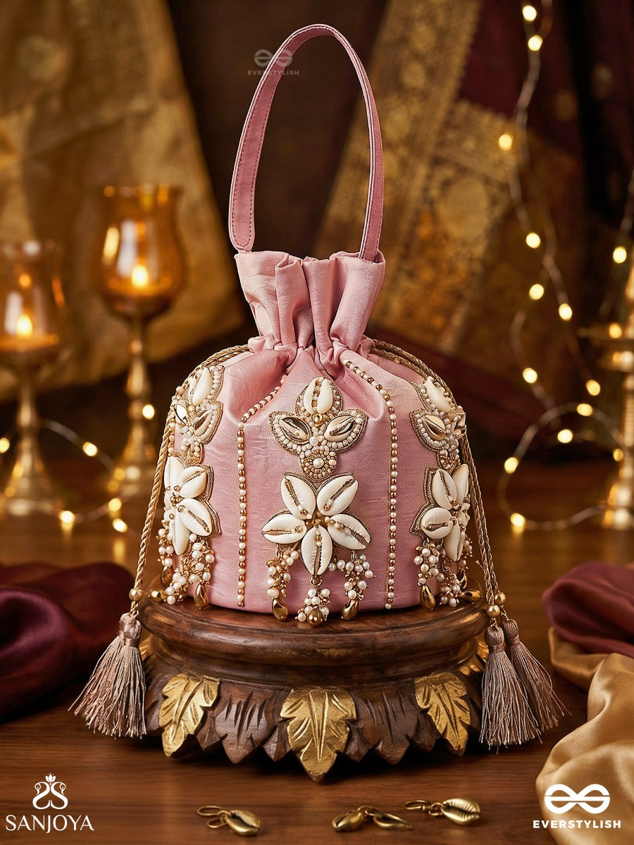 Zarmehrin – Potli Blush Pink Bag With Shell Floral Appliqué, Crystal Linework And Tassel Cords