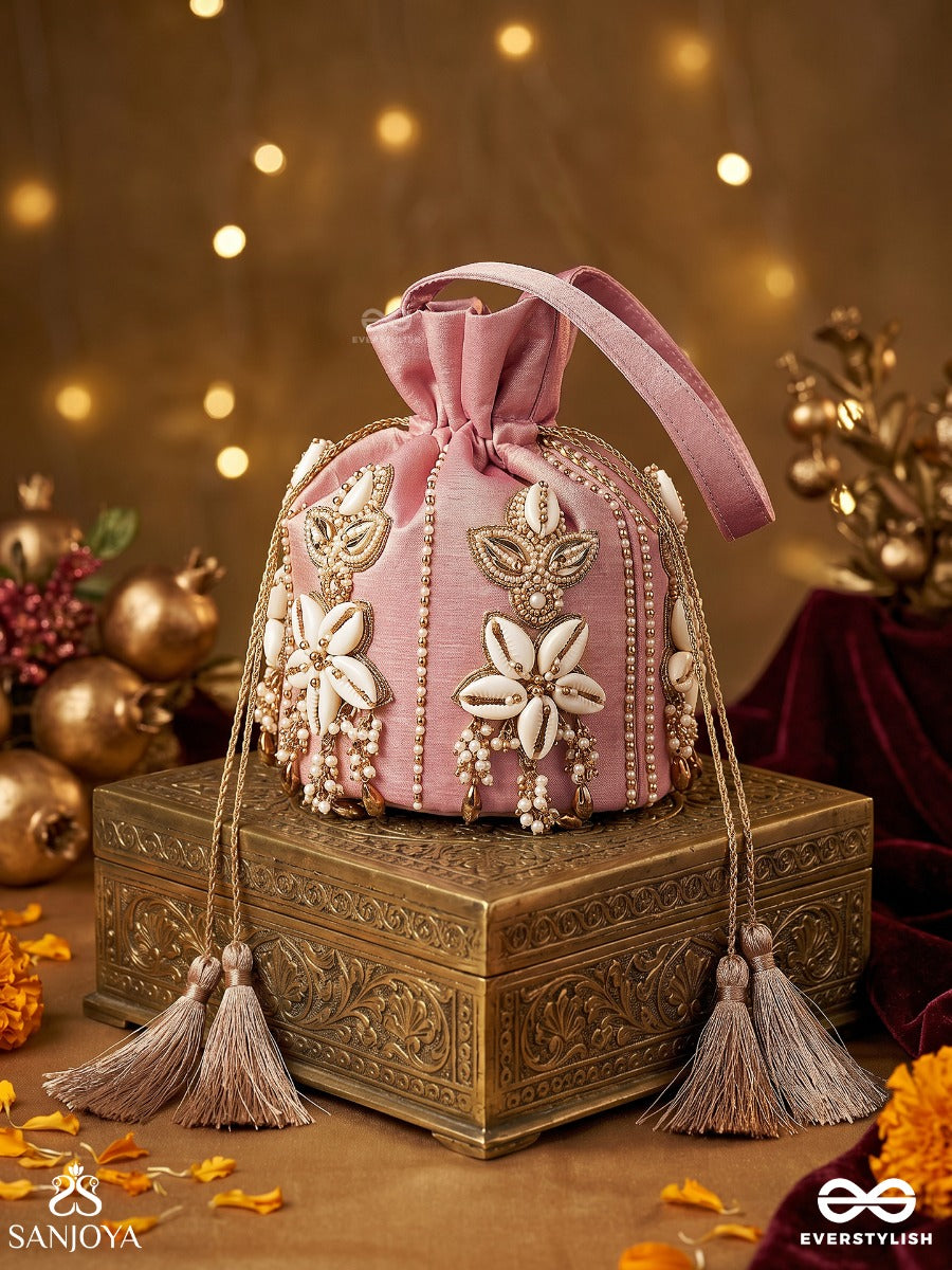 Zarmehrin – Potli Blush Pink Bag With Shell Floral Appliqué, Crystal Linework And Tassel Cords
