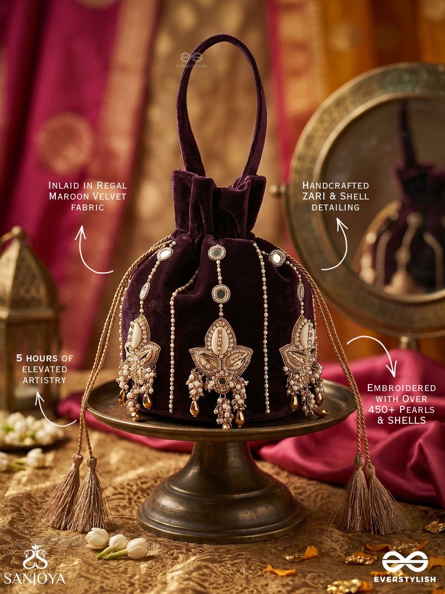 Shahzebaan – Potli Rich Wine Bag With Festive Appliqué Detailing, Pearl Highlights And Braided Tie Ends