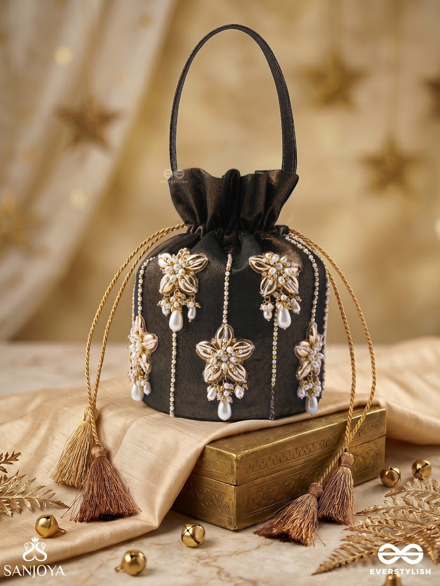 Rukhbano – Potli Espresso Satin Bag With Blossom Gem Detailing, Pearl Drop Embellishments And Drawstring Ties