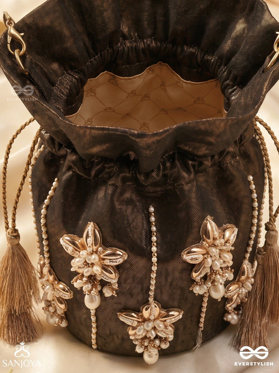 Rukhbano – Potli Espresso Satin Bag With Blossom Gem Detailing, Pearl Drop Embellishments And Drawstring Ties