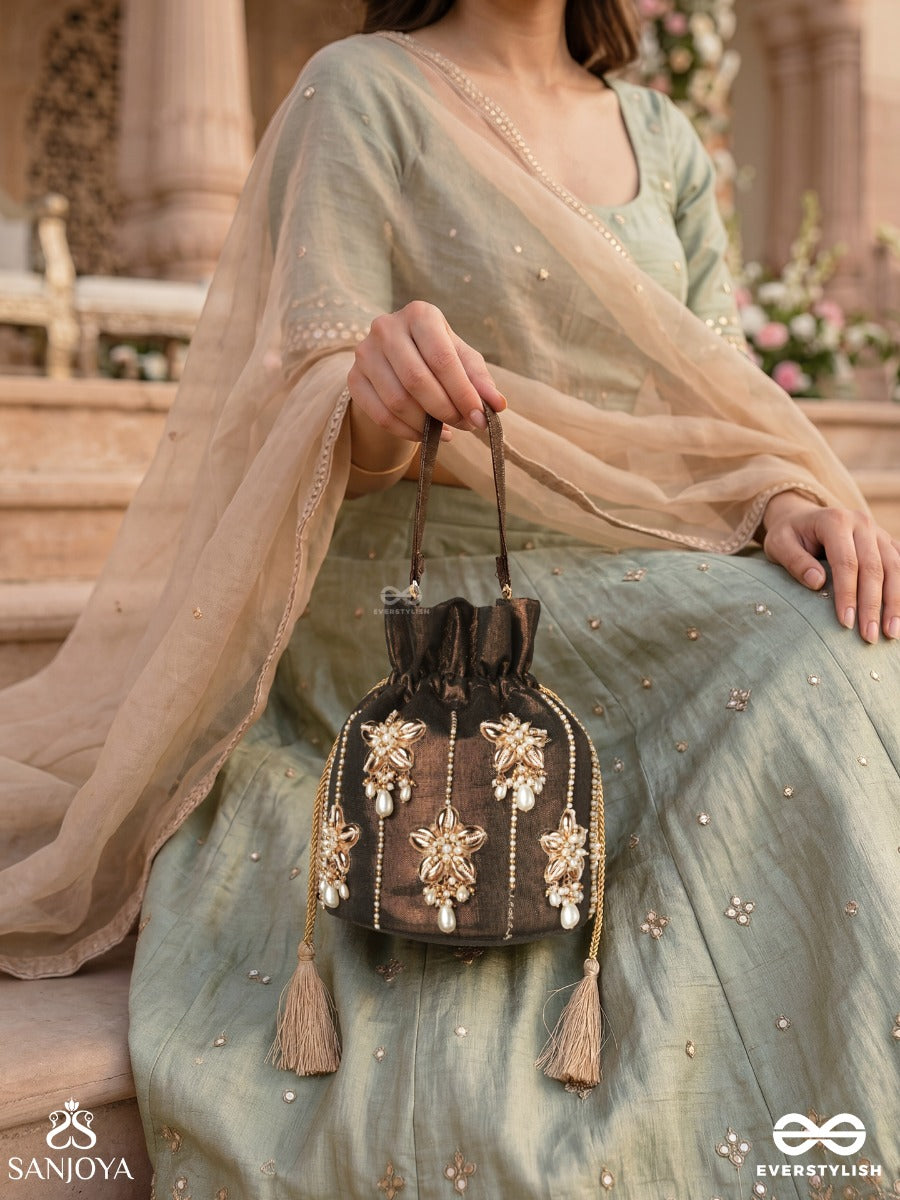 Rukhbano – Potli Espresso Satin Bag With Blossom Gem Detailing, Pearl Drop Embellishments And Drawstring Ties