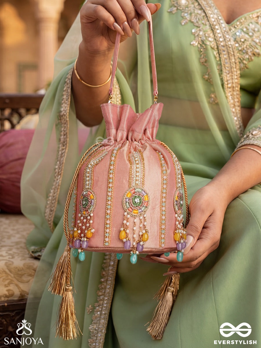 Kainaat – Potli Soft Peach Bag With Multistone Detailing, Jeweled Line Accents And Side Tassels