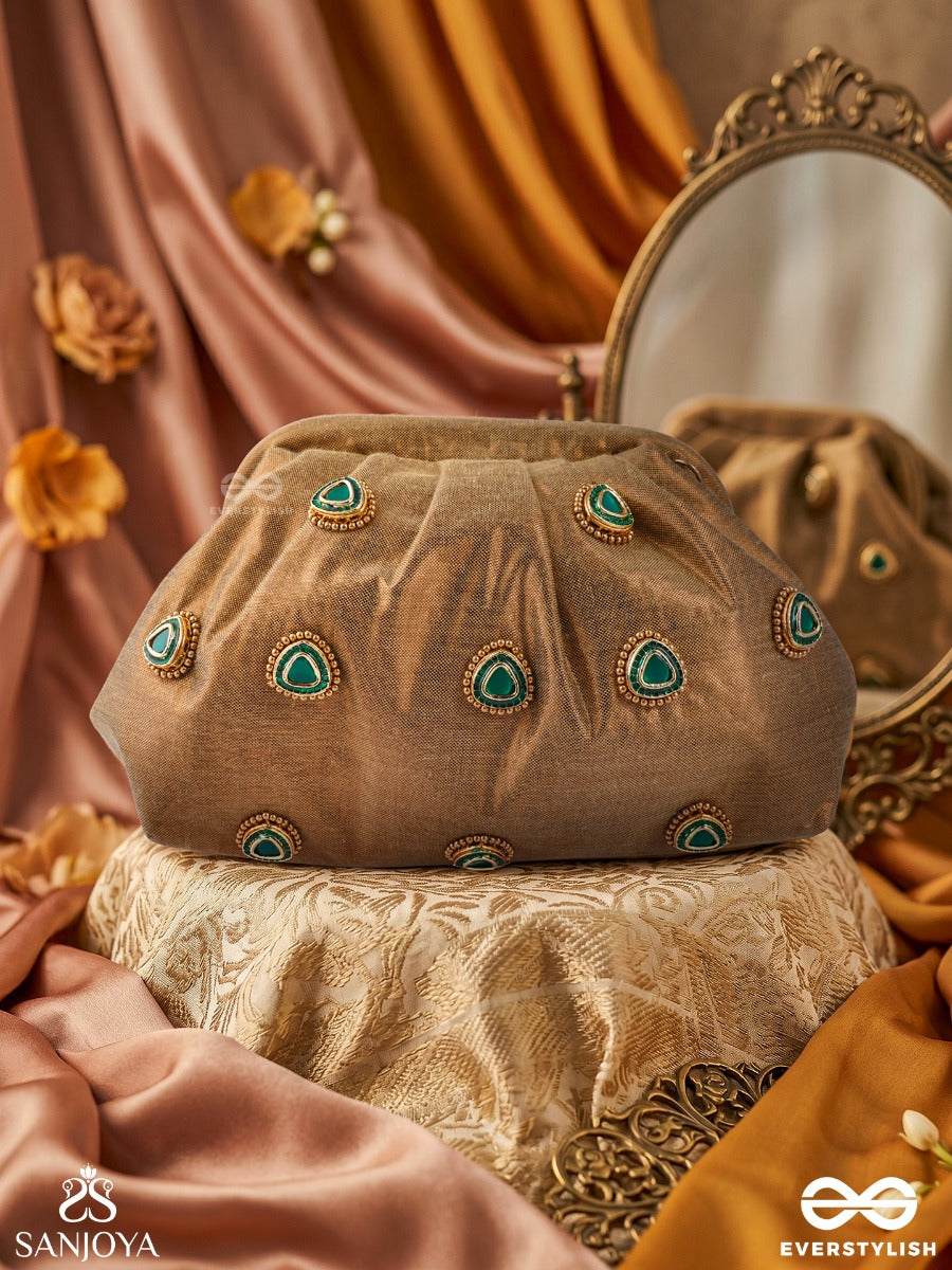 Tajdaar – Organza Camel Beige Clutch With Kundan Ornamentation, Gem Highlights And Puffed Structure