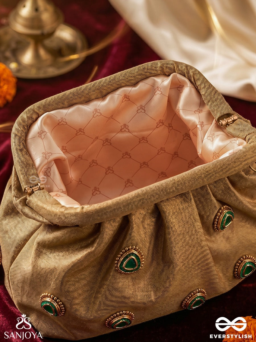 Tajdaar – Organza Camel Beige Clutch With Kundan Ornamentation, Gem Highlights And Puffed Structure