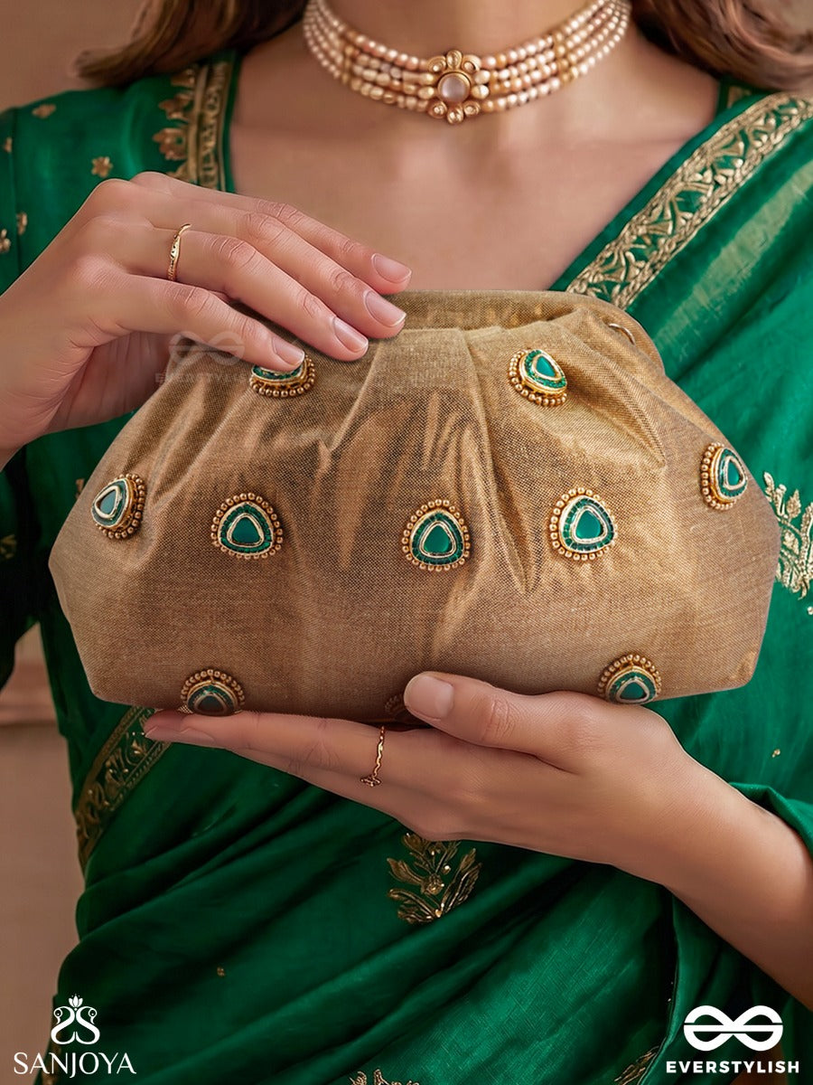 Tajdaar – Organza Camel Beige Clutch With Kundan Ornamentation, Gem Highlights And Puffed Structure