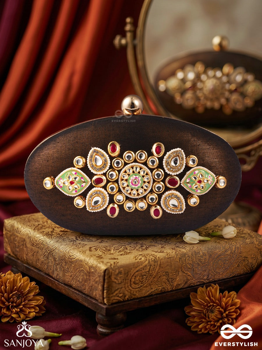 Darpan – Oval Antique Organza Bronze Clutch With Kundan Embellishment, Floral Enamel Work And Heirloom Details