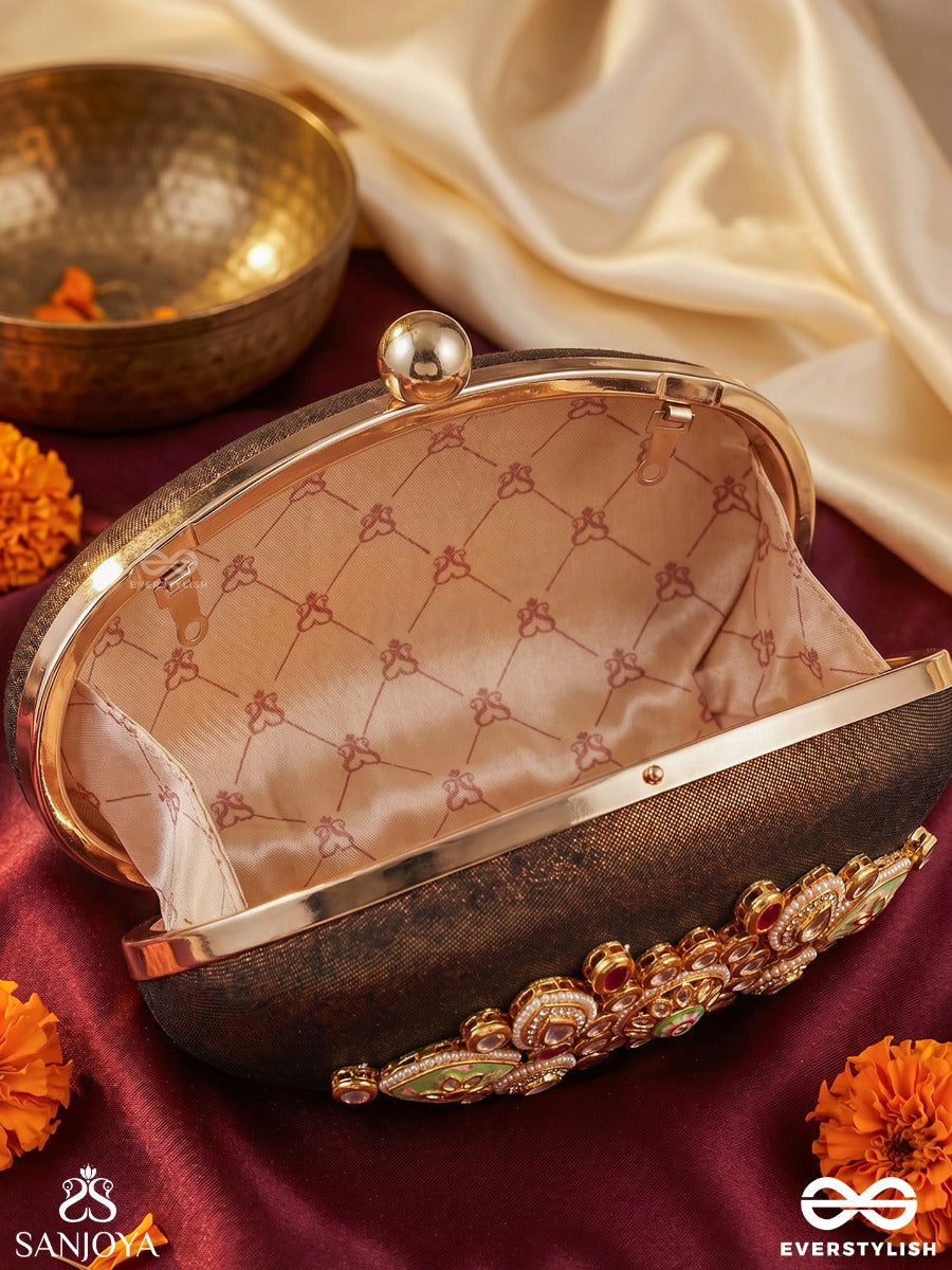 Darpan – Oval Antique Organza Bronze Clutch With Kundan Embellishment, Floral Enamel Work And Heirloom Details