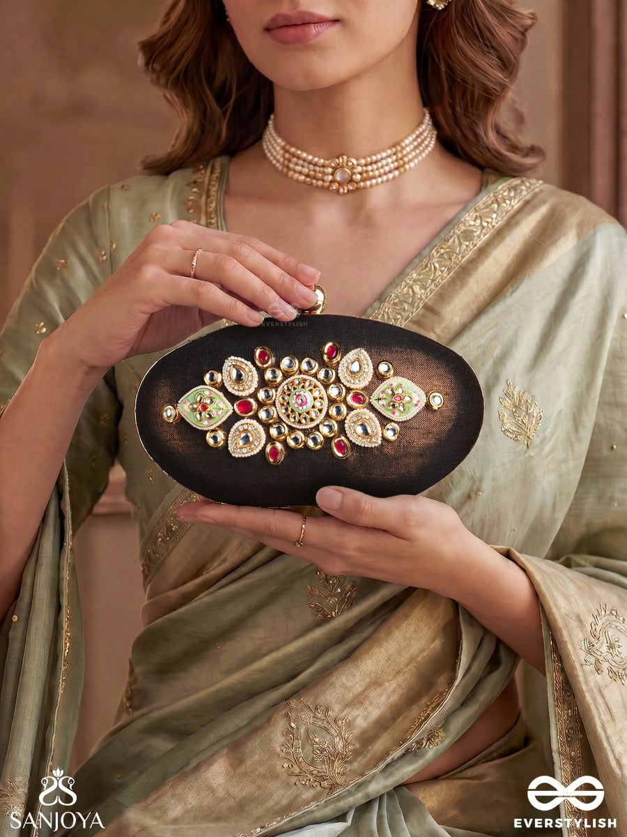 Darpan – Oval Antique Organza Bronze Clutch With Kundan Embellishment, Floral Enamel Work And Heirloom Details