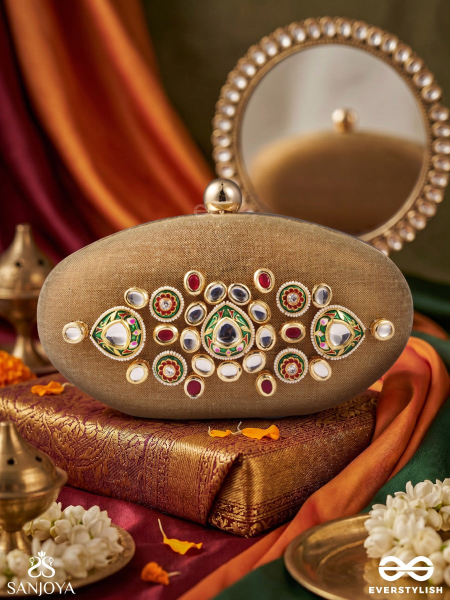 Riwayat – Oval Antique Bronze Silk Clutch With Heritage Kundan Work, Floral Enameling And Gem Accents