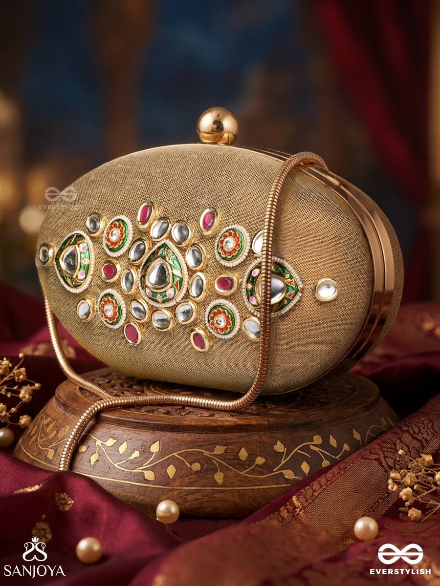 Riwayat – Oval Antique Bronze Silk Clutch With Heritage Kundan Work, Floral Enameling And Gem Accents