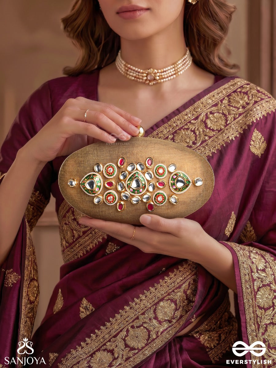 Riwayat – Oval Antique Bronze Silk Clutch With Heritage Kundan Work, Floral Enameling And Gem Accents