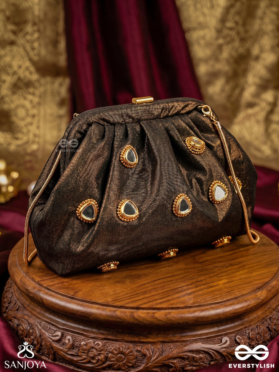Raunaq – Cocoa Bronze Silk Clutch With Teardrop Kundan Embellishment, Antique Highlights And Gathered Silhouette
