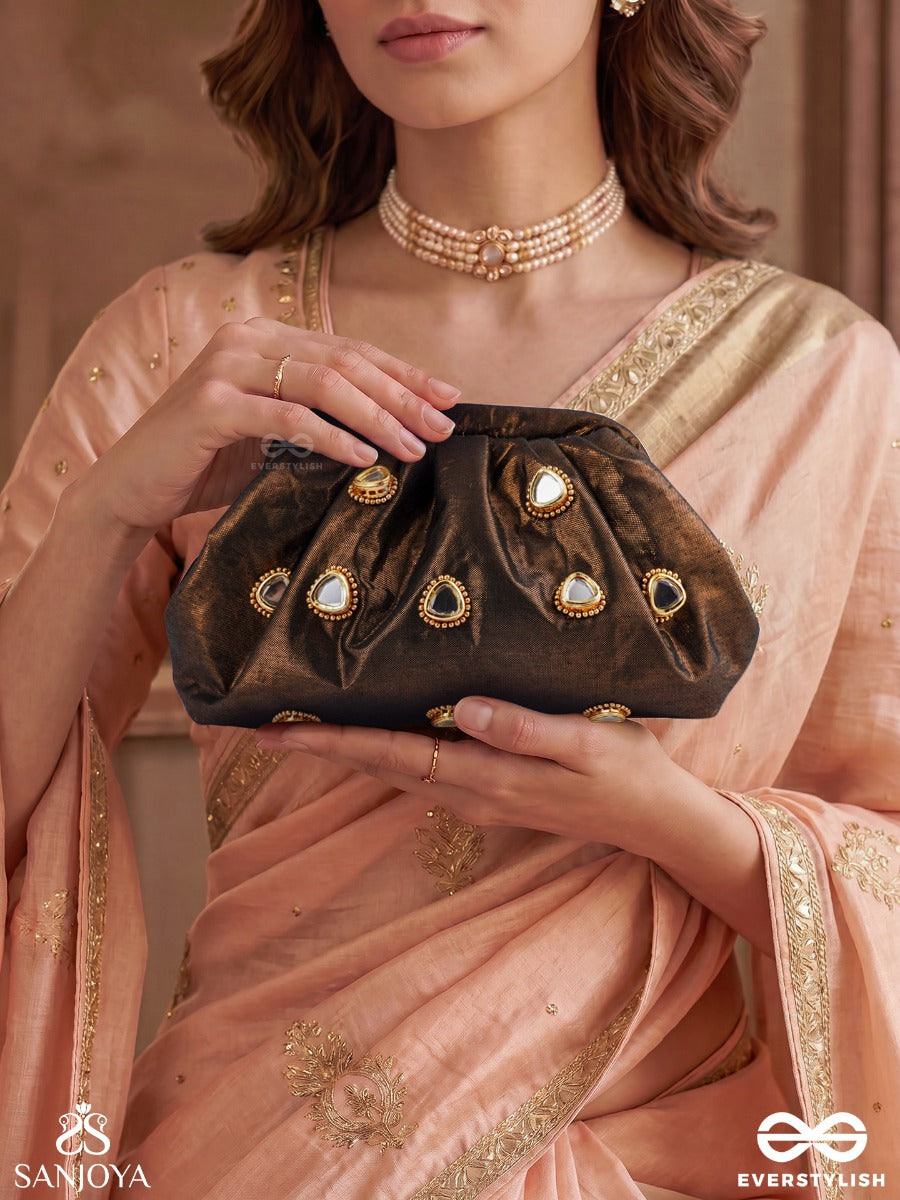 Raunaq – Cocoa Bronze Silk Clutch With Teardrop Kundan Embellishment, Antique Highlights And Gathered Silhouette