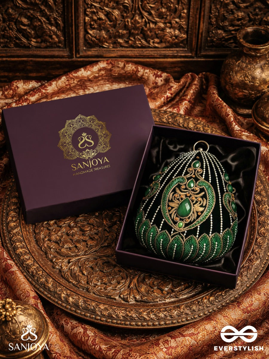 Mehreena – Oval Dark Green Velvet Clutch With Intricate Handwork And Golden Metal Frame