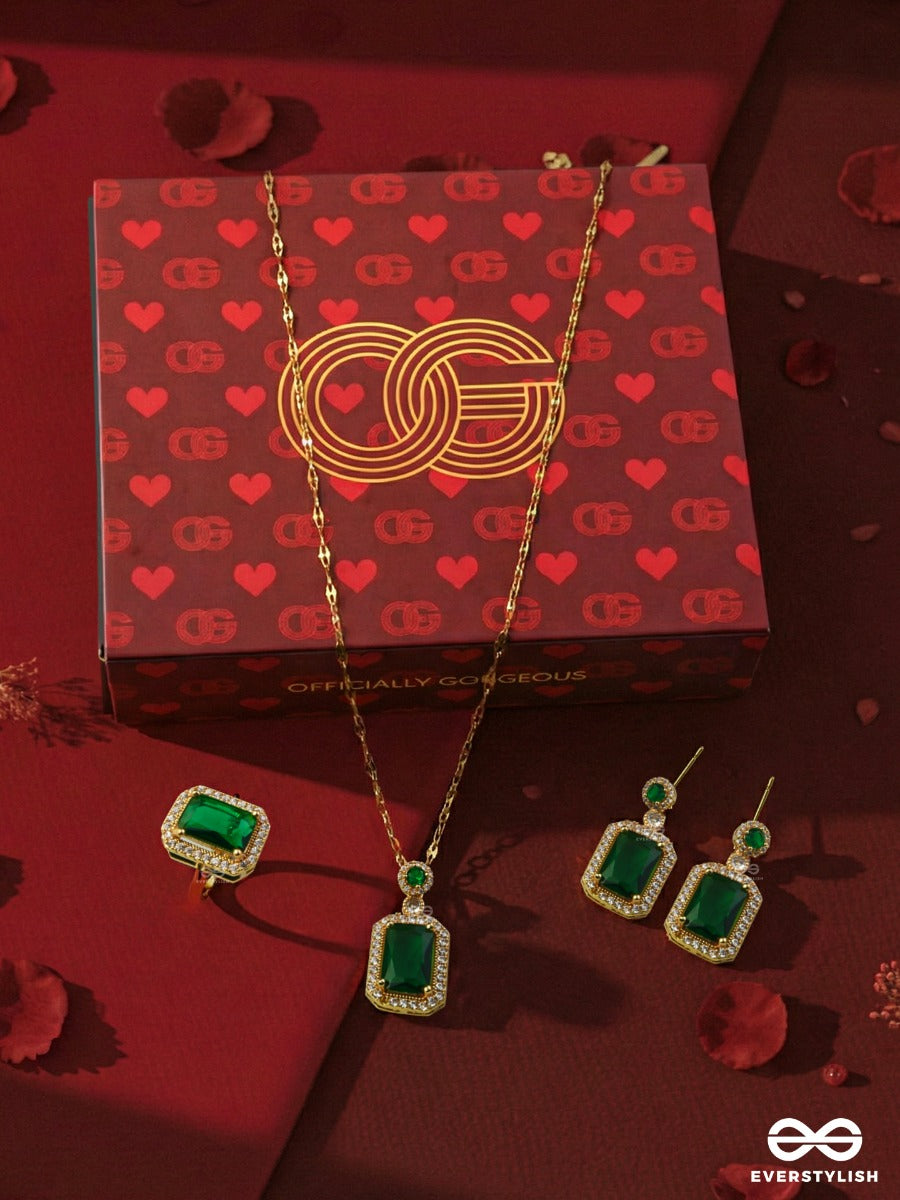 Officially Gorgeous -  Emerald Luxe- Sophisticated Green Gemstone Earrings, Ring & Necklace Jewellery Set