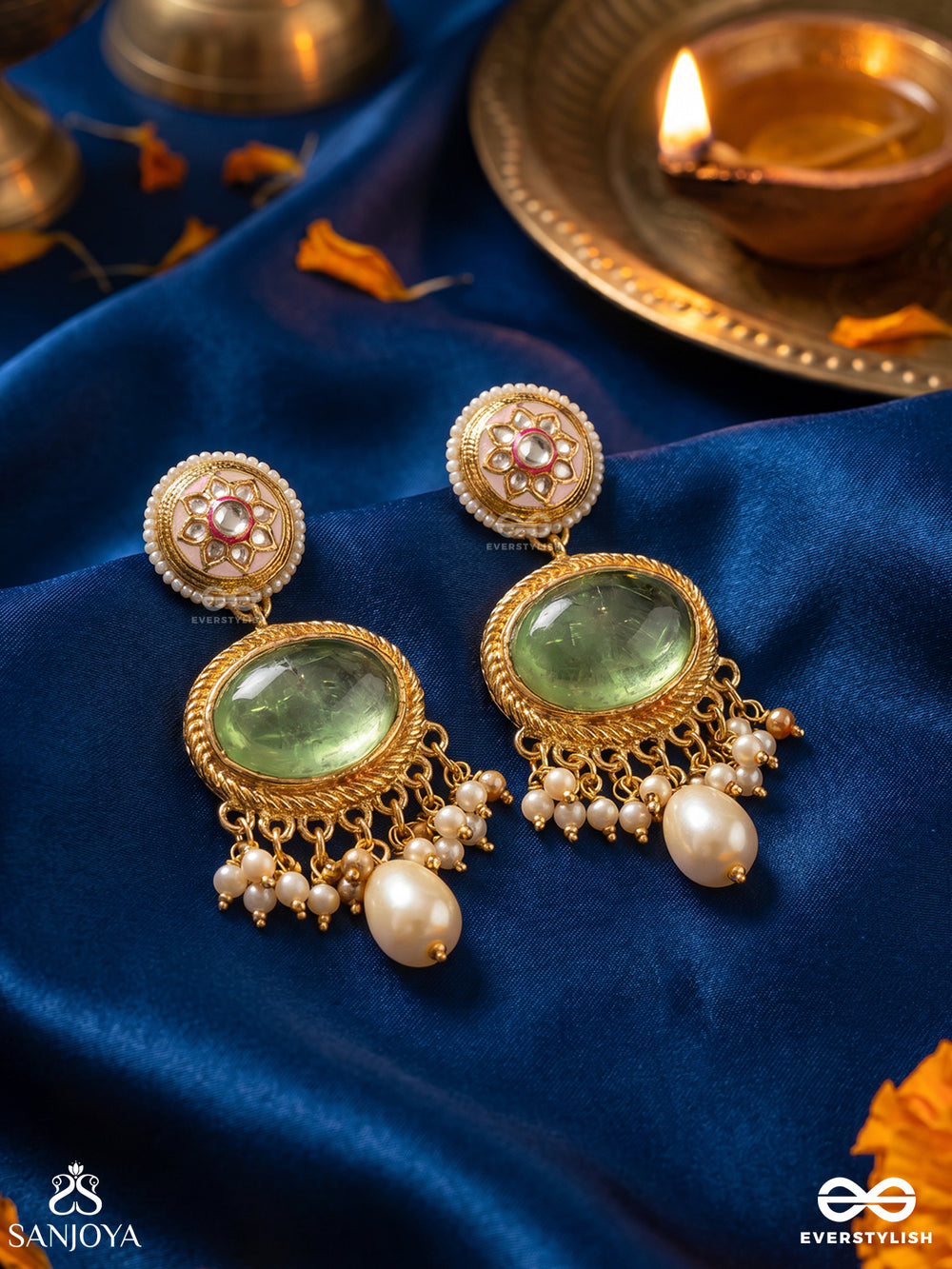 Suvarna – Golden – Refined Earrings With Pastel Floral Enamel-Style Studs, Oval Green Stone Centres, Ornate Gold-Tone Detailing, Delicate Pearl Clusters And A Lustrous Pearl Drop