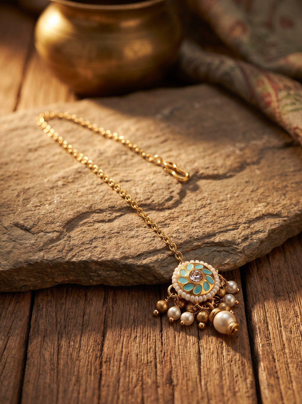 Mriduveni - Calm Seal - Elegant Maangtika With With Enamelled Motifs And Pearl Drop Accent