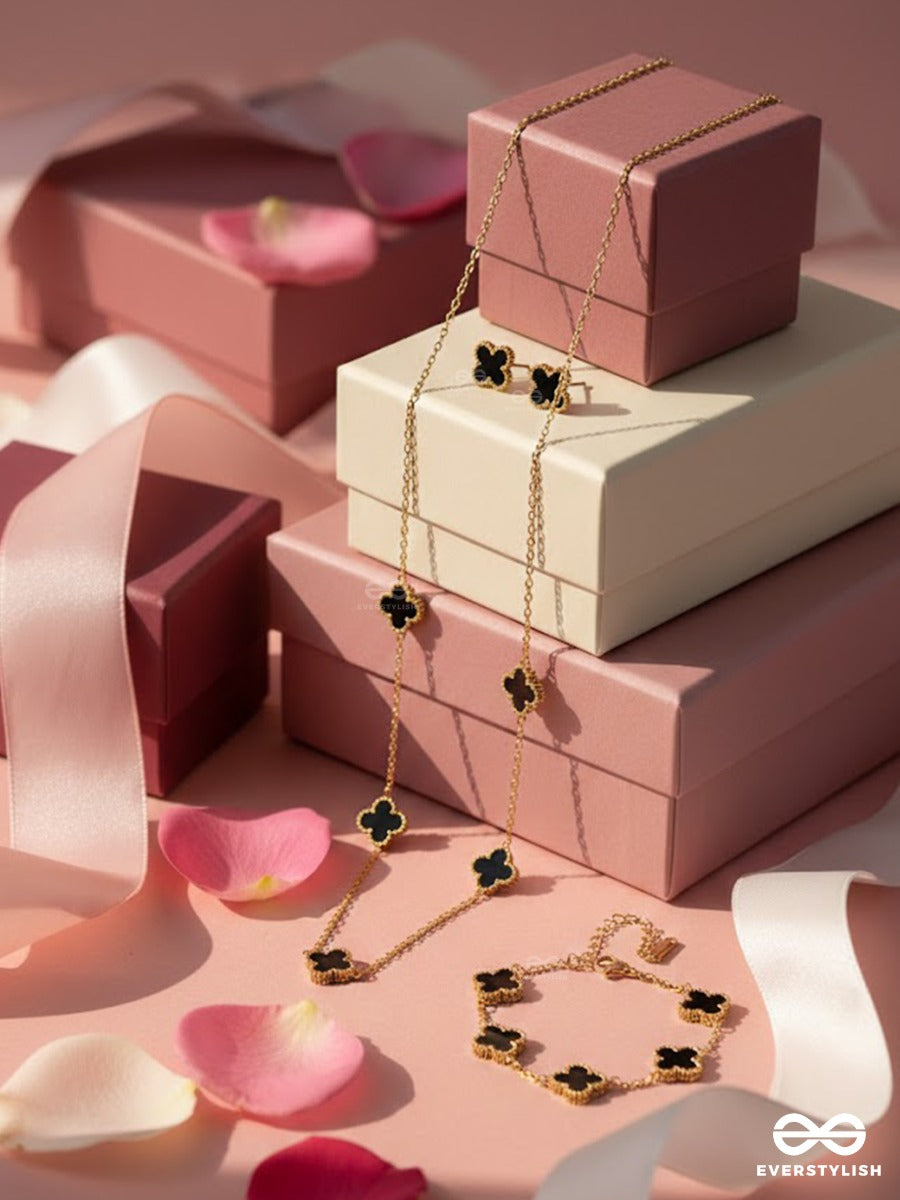 Officially Gorgeous - Midnight Bloom – Stainless Steel 18K Gold Plated Clover Jewellery Set