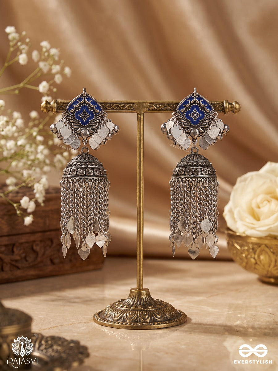 Jhanjhari – Oxidised Jhumka Earrings With Blue Enamel And Silver-Tone Chain Fringes