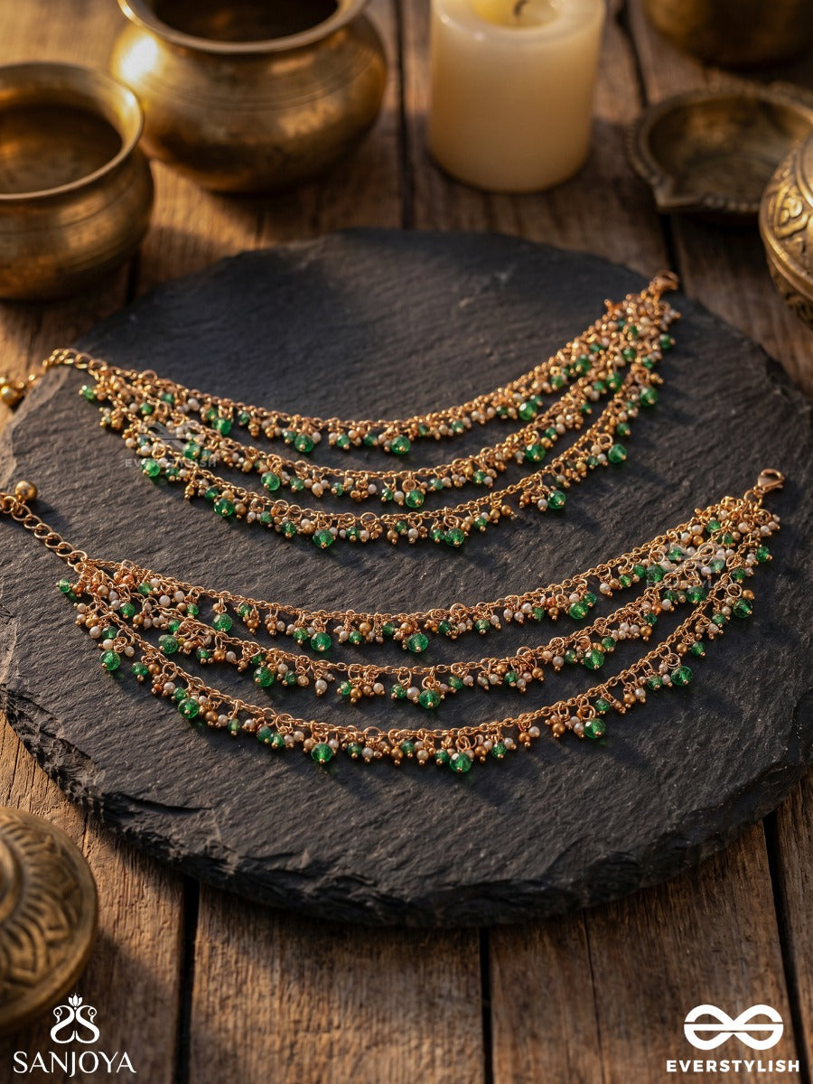 Gunjanpayal – Melodic Anklet – Layered Pair Of Pajeb (Anklet) Set Of 2 With Emerald Bead Drops And Delicate Chain Drapes