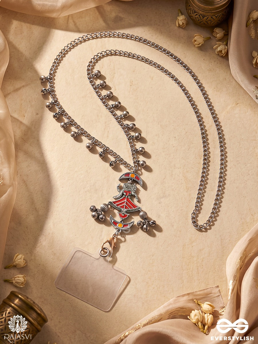 Ranjhini – Oxidised Phone Sling With Ghungroo Drops And Red Heritage-Inspired Enamel Accents
