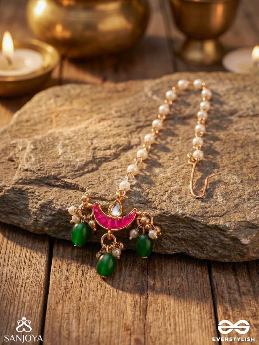 Shashiratna- Jewel Of The Moon- Kundan Maangtika Inspired By The Moon's Radiance With Pearls And Green Drops