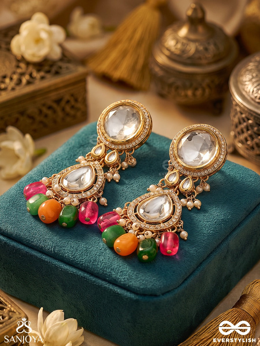 Madhuban – Honey Garden – Heritage Earrings With Mirror Kundan Motifs, Pearl Clusters, Vibrant Pink-Orange-Green Bead Drops And Ornate Golden Filigree
