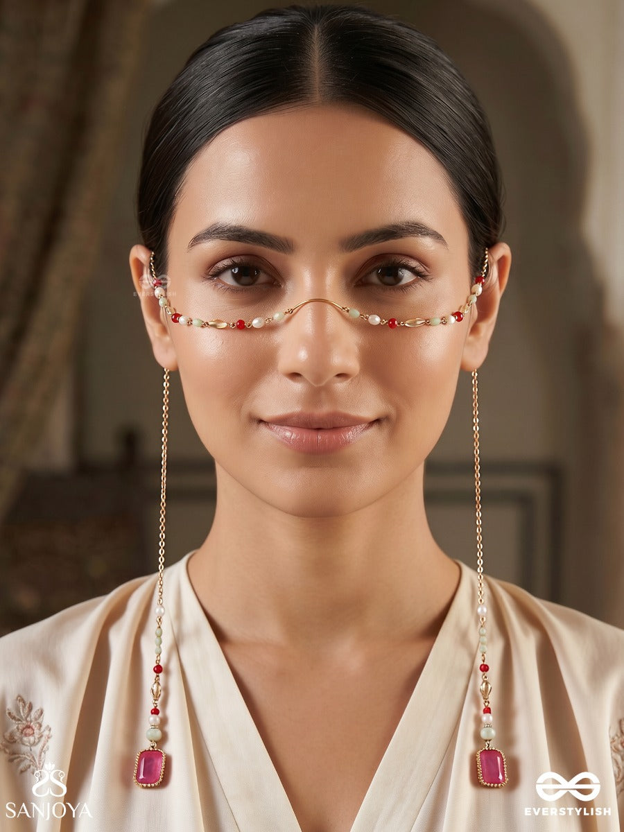 Gulabrekhi – Rose-Toned Trace – Elegant Face Let With Slender Gold-Tone Chains, Magenta Side Stones, Pearl Accents And Delicate Red Bead Details