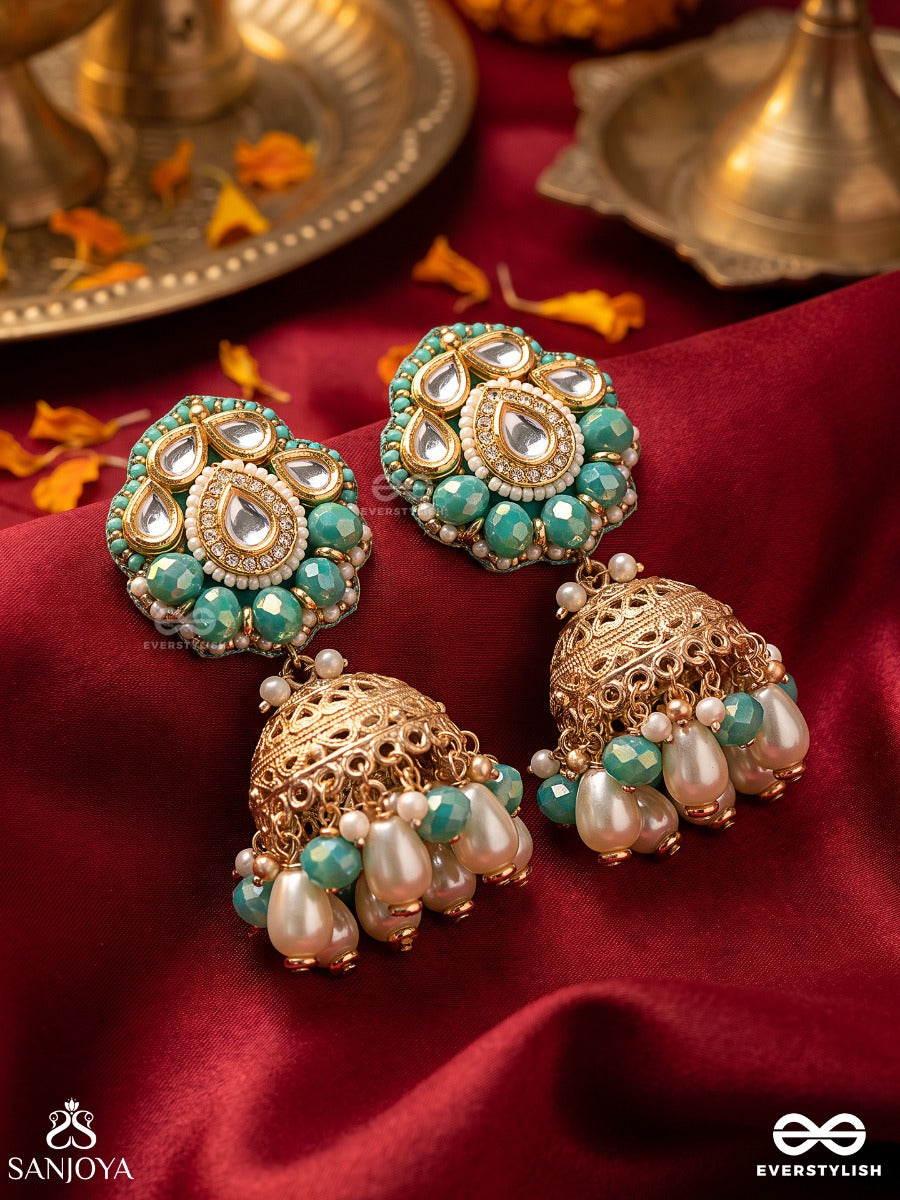 Spharika- Crystal Radiance-Jhumka Earrings Adorned With Diamond Shaped Stones,Beads And Pearls Of Golden, White And Turquoise Accents