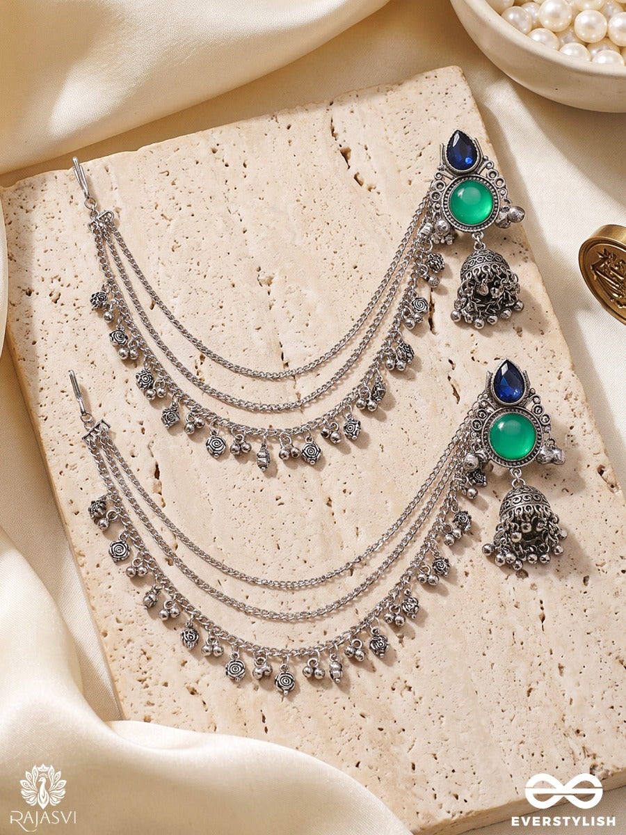 Tarangini – Oxidised Chain Earrings With Layered Chains, Gem Accents And Jhumki Drops