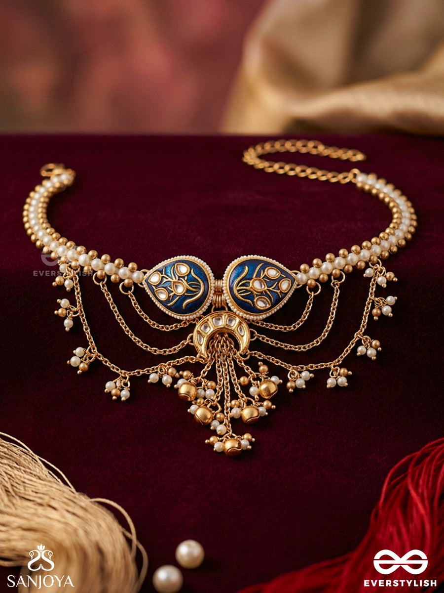 Vaijayanti – Garland Of Victory – Heritage Armlet (Single) With Navy Enamel Motifs, Pearl Strands, Ghungroo Charms And Cascading Chains