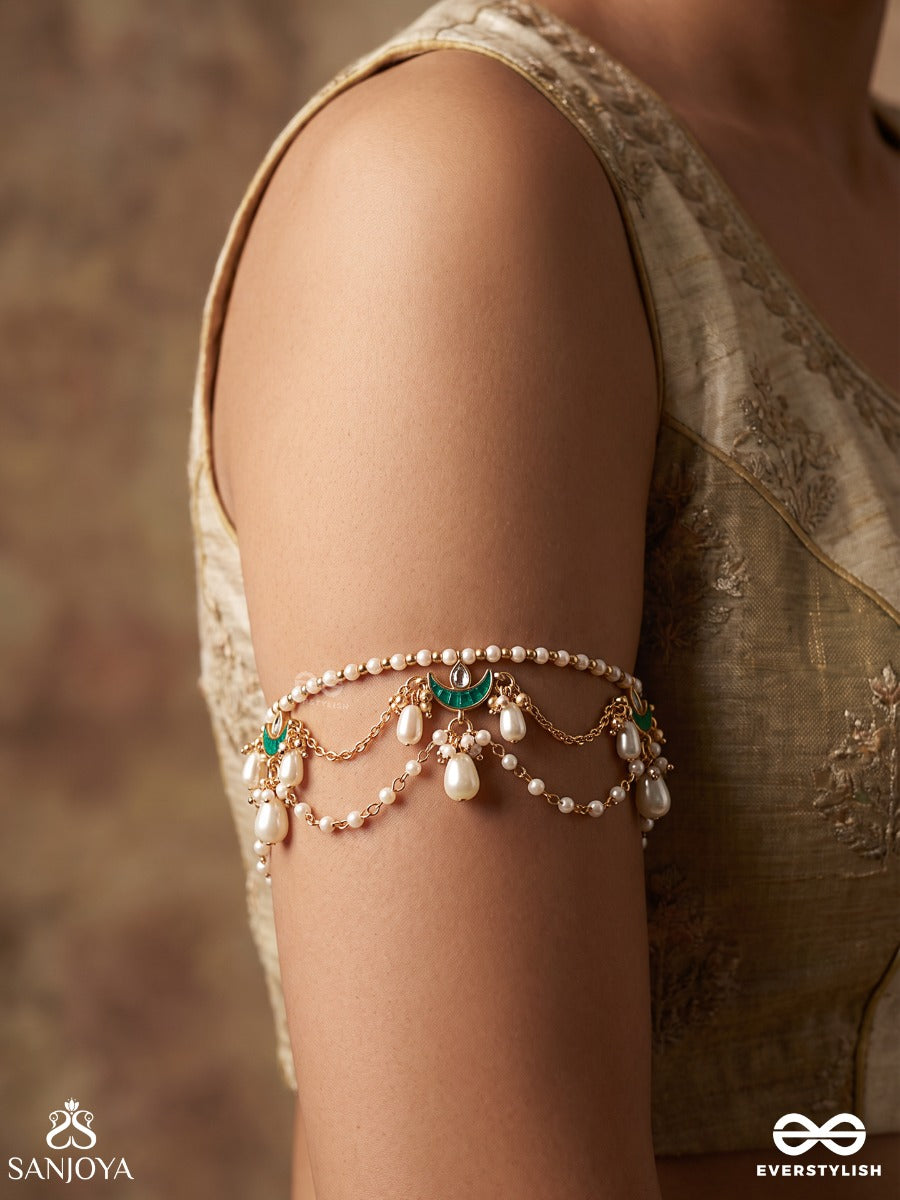 Chandrima – Moonlight – Heritage Armlet (Single) With Triple Pearl Strands, Turquoise Crescent Motifs, Floral Pearl Clusters And Delicate Danglers