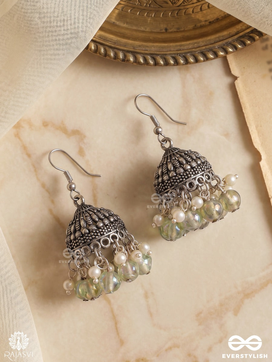 Muktakshi – Oxidised Jhumka Earrings With Pearl Clusters And Sage Green Bead Drops