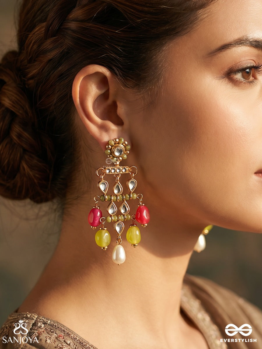 Kokanika – Blossom Of Beauty – Heritage Earrings With Floral Kundan Studs, Multi-Colour Gem Drops And Pearl Accents