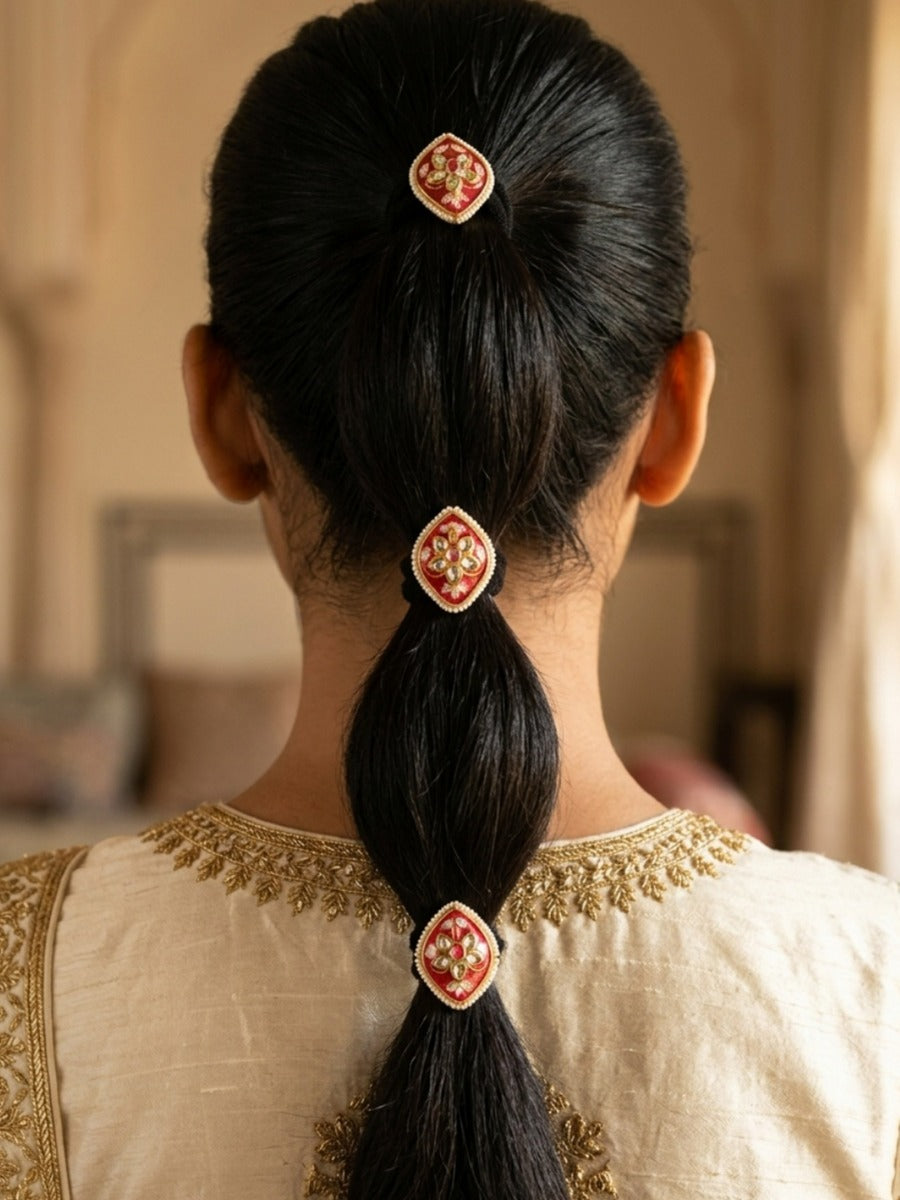 Kesara - Saffron Glow - Pack Of 3 Hair Accessories With Red Meenakari Motifs, Kundan-Style Stones, Pearl Edging And Golden Details