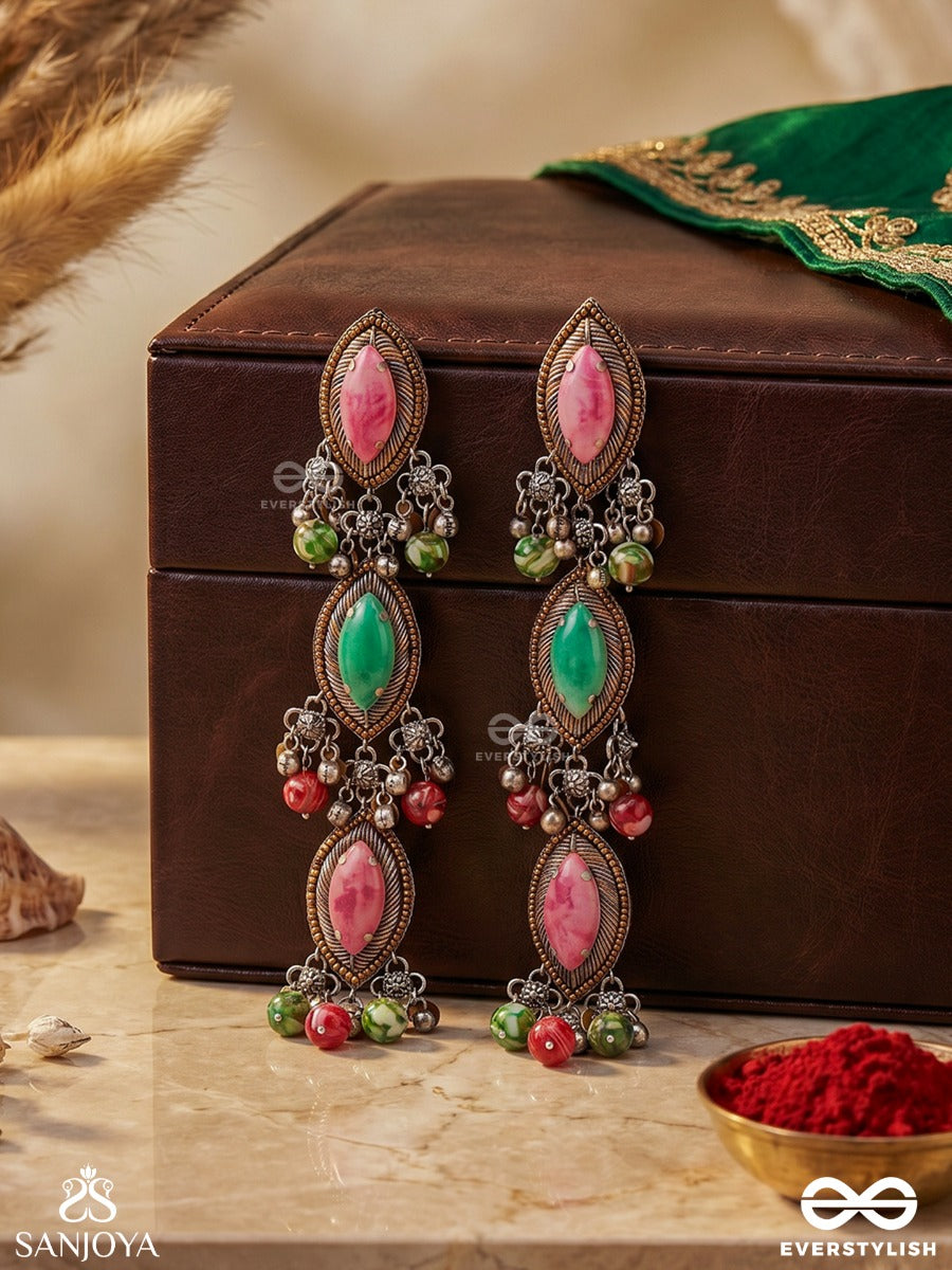 Jashodhara – Holder Of Glory – Heritage Earrings With Pink And Green Marquise Stones, Oxidised Ghungroos And Multicolour Bead Drops