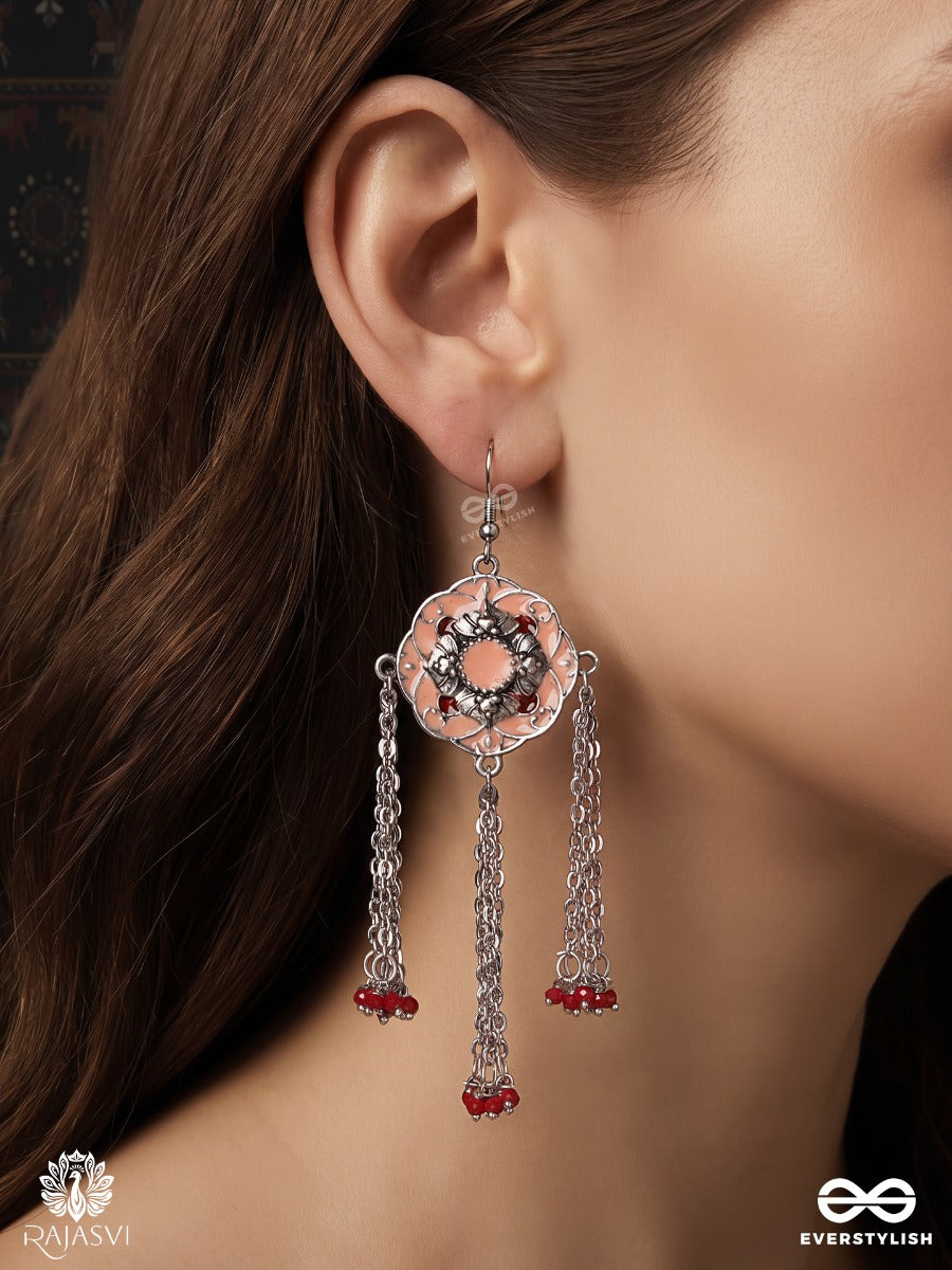 Arunima – Peach Enamel Floral Oxidised Earrings With Chain Tassels And Red Bead Accents